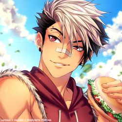 Rule 34 | 1boy, black hair, blue sky, borrowed character, burger, cloud, cloudy sky, crescentia fortuna, drawstring, dyed bangs, earrings, eyebrow piercing, food, holding, holding food, hood, hood down, hoodie, jewelry, leaf, lettuce, male focus, multicolored hair, original, parted lips, piercing, red eyes, red hoodie, sky, sleeveless, smile, solo, tomato, two-tone hair, upper body, white hair