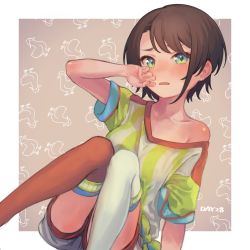 Rule 34 | 1girl, absurdres, asymmetrical bangs, asymmetrical legwear, bird, blue eyes, blush, brown background, brown hair, collarbone, commentary, duck, embarrassed, green eyes, hand on own face, hatomugi seika, highres, hololive, knees together feet apart, looking at viewer, mismatched legwear, multicolored eyes, off shoulder, oozora subaru, oozora subaru (1st costume), open mouth, parted bangs, patterned background, red thighhighs, shirt, short hair, short shorts, short sleeves, shorts, sitting, solo, striped clothes, striped shirt, thighhighs, tied shirt, two-tone shirt, vertical-striped clothes, vertical-striped shirt, virtual youtuber, white shirt, white shorts, white thighhighs, yellow shirt