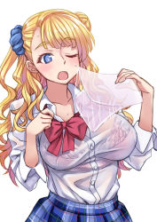 Rule 34 | 10s, 1girl, ;o, afterimage, asymmetrical hair, blonde hair, blue eyes, blue skirt, blunt bangs, blush, bow, bowtie, bra, breasts, buttons, dress shirt, fanning face, galko, gyaru, hair bun, holding, jpeg artifacts, kogal, lace, lace-trimmed bra, lace trim, large breasts, lingerie, long hair, long sleeves, matsuryuu, one eye closed, one side up, open mouth, oshiete! galko-chan, pink bra, plaid, plaid skirt, pleated skirt, school uniform, scrunchie, see-through, shirt, side bun, simple background, single side bun, skirt, sleeves rolled up, solo, speed lines, sweat, transparent, underwear, upper body, wavy hair, wet, wet clothes, wet shirt, white background, white shirt