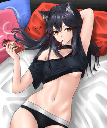 Rule 34 | 1girl, alternate costume, animal ear fluff, animal ear piercing, animal ears, arknights, arm behind head, arm up, armpit crease, artist name, bare legs, bed, bed sheet, black choker, black hair, black panties, black shirt, breasts, brown eyes, choker, closed mouth, clothes lift, collarbone, colored inner hair, commentary, cowboy shot, dessert, double-parted bangs, english commentary, expressionless, eyelashes, fingernails, food, food in mouth, from above, groin tendon, hair between eyes, hair flowing over, hair spread out, hand up, head on pillow, highres, holding, holding food, holding pocky, indoors, long hair, looking afar, looking to the side, lying, medium breasts, mouth hold, multicolored hair, navel, no bra, on back, on bed, paid reward available, panties, pillow, pocky, pocky in mouth, red hair, ryuudg, shadow, shirt, shirt lift, short sleeves, sidelocks, signature, single bare shoulder, single off shoulder, solo, stomach, t-shirt, texas (arknights), thighs, two-tone hair, underboob, underwear, wolf ears, wolf girl
