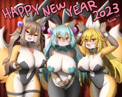 Rule 34 | 2023, 3girls, animal ears, blush, bow, bowtie, breasts, chinese zodiac, cleavage, detached collar, fake animal ears, fake tail, faroula, female focus, fishnet thighhighs, fishnets, fluff, fluffy, fox ears, fox girl, fox tail, furry, furry female, happy new year, heart pasties, highres, large breasts, leotard, long hair, maebari, meme attire, multiple girls, necktie, new year, pasties, playboy bunny, rabbit ears, rabbit tail, reverse bunnysuit, reverse outfit, ribbon, tail, thighhighs, wrist cuffs, year of the rabbit
