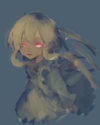 Rule 34 | 1girl, apron, blue theme, detached wings, dress, from above, kagerou project, kozakura marry, looking up, open mouth, pink eyes, scales, short hair, sidu (dsd kgn), simple background, solo, white hair, wind, wings