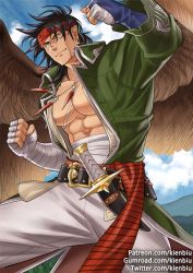 Rule 34 | 1boy, abs, bandaged arm, bandages, bara, bare pectorals, coat, cowboy shot, feather necklace, feathered wings, fire emblem, green coat, gumroad username, headband, kienbiu, large pectorals, male focus, muscular, nintendo, nipple slip, nipples, open clothes, open coat, paid reward available, pants, patreon username, pectorals, pointy ears, scar, scar on face, short hair, sideburns, solo, spread legs, thick thighs, thighs, tibarn (fire emblem), twitter username, white pants, wings, yellow eyes