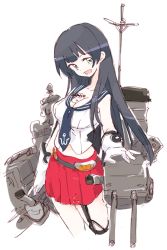 Rule 34 | 1girl, agano (kancolle), between breasts, black hair, blue sailor collar, breasts, cleavage, cropped legs, gloves, green eyes, kantai collection, large breasts, long hair, mokeo, open mouth, pleated skirt, red skirt, rigging, sailor collar, school uniform, serafuku, simple background, skirt, sleeveless, solo, white background, white gloves