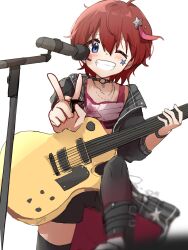 Rule 34 | 1girl, absurdres, black footwear, black jacket, black shorts, black thighhighs, blue eyes, blurry, blush, boots, breasts, commentary, depth of field, dot nose, electric guitar, facial mark, grin, guitar, hair ornament, highres, holding, holding guitar, holding instrument, holding plectrum, idolmaster, idolmaster million live!, idolmaster million live! theater days, instrument, jacket, jewelry, julia (idolmaster), leg up, long sleeves, looking at viewer, microphone, microphone stand, necklace, nnnn, one eye closed, plectrum, red hair, red shirt, shirt, short hair, shorts, signature, simple background, small breasts, smile, solo, star (symbol), star facial mark, star hair ornament, thighhighs, v, white background