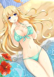Rule 34 | 1girl, arms up, bare shoulders, beach, bikini, blonde hair, blue eyes, blush, bra, braid, breasts, choujigen game neptune, cleavage, collarbone, cowboy shot, day, french braid, green bikini, groin, hand on own chest, highres, large breasts, long hair, looking at viewer, navel, neptune (series), outdoors, panties, smile, solo, stomach, swimsuit, underwear, underwear only, vert (neptunia), zero (ray 0805)