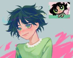 Rule 34 | 1girl, abstract background, black hair, blush, buttercup (ppg), buttercup redraw challenge (meme), cycrome, derivative work, green eyes, green pajamas, grey background, halftone, highres, looking at viewer, meme, pajamas, powerpuff girls, reference inset, reference photo, screenshot inset, screenshot redraw, short hair, smile, solo