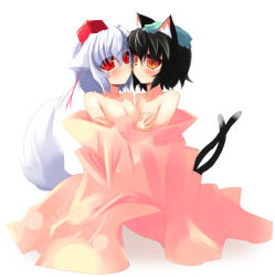 Rule 34 | 2girls, animal ears, black hair, blush, breasts, cat ears, cat girl, cat tail, chen, female focus, hat, inubashiri momiji, multiple girls, multiple tails, red eyes, shin (new), short hair, small breasts, tail, tokin hat, touhou, towel, white hair, wolf ears, wolf tail, yuri