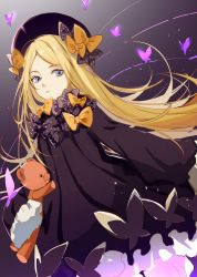 Rule 34 | 1girl, abigail williams (fate), bad id, bad pixiv id, black bow, black dress, black hat, blonde hair, bloomers, blue eyes, bow, bug, butterfly, dress, fate/grand order, fate (series), forehead, hair bow, hat, hugging object, insect, long hair, long sleeves, looking at viewer, orange bow, parted bangs, parted lips, polka dot, polka dot bow, rero (bigdoorbig2), sleeves past fingers, sleeves past wrists, solo, stuffed animal, stuffed toy, teddy bear, underwear, very long hair, white bloomers