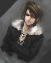Rule 34 | 1990s (style), 1boy, black jacket, blue eyes, brown hair, crossed arms, final fantasy, final fantasy viii, fur collar, fur trim, habbitrot, jacket, jewelry, male focus, necklace, solo, squall leonhart