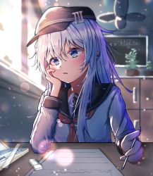 Rule 34 | 1girl, absurdres, anchor symbol, black sailor collar, blue eyes, classroom, commentary, derivative work, desk, dfd, english commentary, eraser, flat cap, hat, hibiki (kancolle), highres, indoors, kantai collection, long hair, looking to the side, neckerchief, paper, pen, red neckerchief, sailor collar, school desk, school uniform, serafuku, silver hair, solo, window