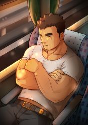Rule 34 | 1boy, bara, barry go, belt, blush, body hair, brown hair, chest hair, crossed arms, curtains, facial hair, goatee, highres, long sideburns, male focus, manly, muscular, pants, seat, sideburns, sleeping, solo, stubble, takabushi kengo, thick eyebrows, tokyo houkago summoners, upper body