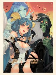 Rule 34 | 1boy, 2girls, absurdres, angel wings, asymmetrical wings, bare shoulders, black bow, black legwear, blue hair, bow, bowtie, breasts, choker, cleavage, dedekirumon, detached sleeves, dizzy (guilty gear), embers, explosion, gameplay mechanics, guilty gear, guilty gear xrd, hair rings, highres, long hair, looking at viewer, monster girl, multiple girls, necro (guilty gear), open mouth, red eyes, ribbon, smile, thigh strap, thighhighs, thumbs up, twintails, undine (guilty gear), v, wings, yellow ribbon