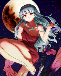 Rule 34 | 1girl, barefoot, breasts, cleavage, emanon123, feet, female focus, full moon, hairband, idolmaster, idolmaster (classic), long hair, moon, outdoors, red eyes, shijou takane, silver hair, sky, solo, star (sky), starry sky, wrapped up