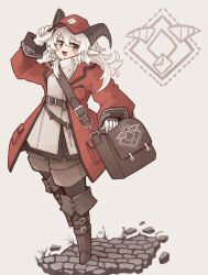 Rule 34 | 1girl, adjusting clothes, adjusting headwear, animal ears, boots, breast pocket, brown footwear, coat, full body, gloves, goat ears, goat girl, goat horns, grey eyes, hat, highres, horizontal pupils, horns, kaginoni, long hair, long sleeves, looking at viewer, mailbag, original, pocket, red coat, red headwear, smile, thigh boots, white gloves, white hair