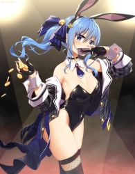 Rule 34 | 1girl, adapted costume, animal ears, bare shoulders, blue eyes, blue hair, boots, breasts, card, choker, coin, covering own mouth, detached collar, gloves, gold coin, hair ornament, hair ribbon, highres, hololive, hoshimachi suisei, hoshimachi suisei (1st costume), jacket, joker (playing card), leotard, mizunashi (second run), necktie, partially fingerless gloves, playboy bunny, playing card, rabbit ears, ribbon, side ponytail, small breasts, solo, stage lights, star (symbol), star hair ornament, thigh boots, thighhighs, virtual youtuber