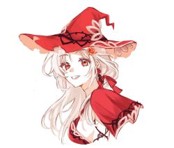 Rule 34 | 1girl, alice (genshin impact), bow, breasts, capelet, commentary, dress, earrings, enefue, english commentary, flower, flower earrings, genshin impact, hair bow, hat, highres, jewelry, large breasts, long hair, red bow, red capelet, red dress, red eyes, red flower, red hat, sidelocks, smile, solo, thorns, upper body, vision (genshin impact), white hair, witch hat