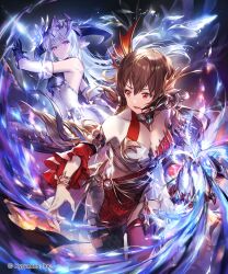 2girls bare_shoulders black_dress black_gloves blue_flower blue_hair breasts brown_hair claws cleavage closed_mouth collarbone commentary_request company_name detached_sleeves dragon_girl dragon_horns dragon_tail dress filene_(shadowverse) flower galmieux_(shadowverse) gloves hair_between_eyes hair_flower hair_ornament headpiece highres horns large_breasts leaning_forward lee_hyeseung long_hair looking_at_another looking_back magic medium_breasts multicolored_clothes multicolored_dress multiple_girls official_art parted_lips pointy_ears purple_eyes red_dress red_eyes shadowverse standing tail teeth thighhighs upper_teeth_only very_long_hair white_dress