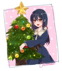Rule 34 | 1girl, bad id, bad twitter id, bird, blue dress, blue hair, blush, christmas, christmas ornaments, christmas tree, commentary request, dress, hair between eyes, hat, long hair, looking at viewer, love live!, love live! school idol festival, love live! school idol project, merry christmas, minami kotori (bird), open mouth, pine tree, purin (purin0), ribbon, santa hat, smile, solo, sonoda umi, star (symbol), striped, tree, yellow eyes