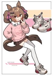 Rule 34 | 1girl, air max, amonitto, animal ears, blush, bow, brown eyes, brown hair, brown skirt, character name, closed mouth, full body, hair bow, hand on own hip, highres, horse ears, horse girl, horse tail, long sleeves, looking at viewer, medium hair, miniskirt, nike (company), pink shirt, product placement, shirt, shoes, skirt, smart falcon (umamusume), smile, sneakers, solo, tail, thighhighs, umamusume, v, white thighhighs