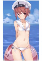 Rule 34 | 10s, 1girl, anchor symbol, arms behind back, bare arms, bare shoulders, beret, bikini, blue sky, blush, border, bow, breasts, brown eyes, brown hair, character name, cleavage, closed mouth, clothes writing, cloud, cloudy sky, collarbone, contrapposto, cowboy shot, day, flat chest, groin, hair between eyes, hat, hat bow, highres, horizon, kantai collection, legs apart, lifebuoy, light smile, looking at viewer, lowleg, lowleg bikini, metindone, military hat, navel, ocean, outdoors, pillarboxed, sailor bikini, sailor collar, sailor hat, short hair, side-tie bikini bottom, sky, solo, standing, stomach, striped, striped bow, swim ring, swimsuit, thighs, tsurime, water, white bikini, white border, white bow, white hat, z3 max schultz (kancolle)