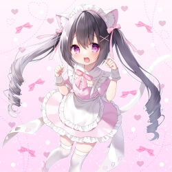 1girl animal_ear_fluff animal_ears ankle_strap apron black_hair blush bow bowtie cat_ears cat_girl cat_tail cleavage_cutout clothing_cutout collar dress feet_out_of_frame flat_chest frilled_apron frilled_collar frilled_dress frilled_wrist_cuffs frills gradient_background hair_ornament hair_ribbon hairclip hands_up heart highres long_hair looking_at_viewer maid maid_headdress momochi_chia open_mouth original paw_pose petite pink_background pink_bow pink_bowtie pink_dress pink_ribbon puffy_short_sleeves puffy_sleeves purple_eyes ribbon ringlets short_dress short_sleeves solo standing tail thighhighs twintails very_long_hair waist_apron white_apron white_collar white_tail white_thighhighs white_wrist_cuffs wrist_cuffs x_hair_ornament zettai_ryouiki