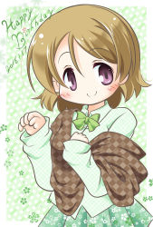 Rule 34 | 1girl, artist name, artist request, blush, bow, bowtie, breasts, brown hair, chibi, close-up, collared shirt, female focus, green bow, green shirt, green skirt, hair between eyes, koizumi hanayo, long sleeves, looking at viewer, love live!, love live! school idol project, miniskirt, parted lips, plaid, plaid skirt, pleated, pleated skirt, purple eyes, shirt, short hair, skirt, small breasts, smile, solo, wing collar
