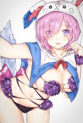 Rule 34 | 1girl, absurdres, animal ears, armpits, blush, breasts, cosplay, eyes visible through hair, fate/grand order, fate (series), fou (fate), fou (fate) (cosplay), fur trim, hair over one eye, halloween costume, highres, hoshimiya nazuna, large breasts, leaning forward, looking at viewer, mash kyrielight, mash kyrielight (dangerous beast), mash kyrielight (dangerous beast) (cosplay), navel, official alternate costume, open mouth, partially visible vulva, paw pose, purple eyes, purple hair, short hair, skindentation, solo, tail, wolf tail