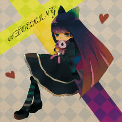 Rule 34 | 10s, 1girl, bow, dress, female focus, full body, gradient hair, hair bow, heart, multicolored hair, panty &amp; stocking with garterbelt, solo, stocking (psg), striped clothes, striped thighhighs, thighhighs, yumi (tuzisaka)