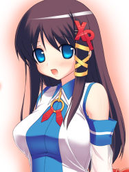Rule 34 | 1girl, :o, bare shoulders, blue eyes, bow, breasts, brown hair, detached sleeves, large breasts, long hair, looking at viewer, open mouth, os-tan, see-through, solo, takayaki, upper body, xp-tan