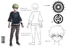 Rule 34 | 1boy, amami rantaro, bracelet, character sheet, collarbone, concept art, danganronpa (series), danganronpa v3: killing harmony, denim, ear piercing, full body, green eyes, green hair, hair between eyes, highres, jeans, jewelry, komatsuzaki rui, looking at viewer, male focus, multiple views, necklace, official art, pants, pendant, piercing, ring, shirt, simple background, smile, striped clothes, striped shirt, translation request, white background
