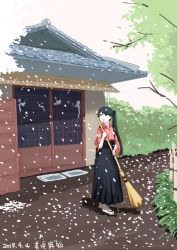 Rule 34 | 1girl, architecture, black hair, black skirt, bow, branch, broom, cherry blossoms, commentary request, dated, door, east asian architecture, full body, grass, hair between eyes, hair bow, holding, houshou (kancolle), japanese clothes, kantai collection, kimono, long hair, long skirt, long sleeves, looking to the side, mihama machi, okobo, open mouth, petals, pleated skirt, ponytail, sandals, shadow, signature, skirt, smile, solo, standing, sweeping