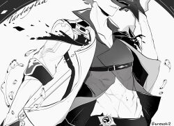 Rule 34 | 1boy, abs, bare arms, black gloves, genshin impact, gloves, greyscale, highres, jacket, jacket on shoulders, male focus, mask, monochrome, muscular, muscular male, pants, pectoral cleavage, pectorals, shirt, simple background, smile, stomach, tartaglia (genshin impact), toned, unosaki2, vision (genshin impact)