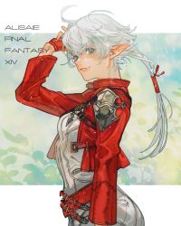 Rule 34 | 1girl, ahoge, ailout2, alisaie leveilleur, arm at side, armor, belt, blue eyes, character name, collared jacket, commentary, copyright name, cowboy shot, cropped jacket, elezen, elf, final fantasy, final fantasy xiv, fingerless gloves, from side, gloves, hair ribbon, hand up, highres, jacket, leaf, light particles, long hair, looking at viewer, low ponytail, multiple belts, parted lips, pauldrons, pointy ears, red gloves, red jacket, red ribbon, ribbon, shirt, shoulder armor, signature, smile, solo, standing, white hair, white shirt