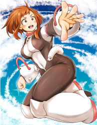 Rule 34 | 1girl, :d, absurdres, adahcm, blue sky, blush stickers, bodysuit, boku no hero academia, boots, breasts, brown eyes, brown hair, clenched hand, cloud, floating, floating hair, full body, high heel boots, high heels, highres, large breasts, open mouth, outstretched arm, short hair, sidelocks, sky, smile, solo, sparkle background, superhero costume, thick eyebrows, thick thighs, thighs, uraraka ochako
