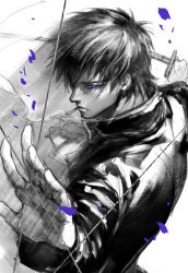 Rule 34 | 1boy, blue eyes, cigarette, from above, gintama, glowing, glowing eyes, hangleing, hijikata toushirou, holding, holding sword, holding weapon, katana, looking at viewer, male focus, military, military uniform, motion blur, mouth hold, outstretched arm, simple background, solo, spot color, sword, uniform, weapon, white background