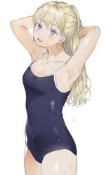 Rule 34 | 10s, 1girl, :d, armpits, asobi asobase, blonde hair, blue one-piece swimsuit, blush, breasts, competition school swimsuit, covered navel, highres, long hair, looking up, olivia (asobi asobase), one-piece swimsuit, open mouth, school swimsuit, small breasts, smile, solo, spicy, standing, swimsuit, very long hair, water drop, wet, white background