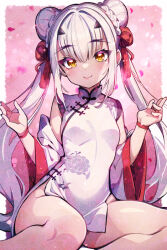Rule 34 | 1girl, abstract background, ai-assisted, bracelet, breasts, china dress, chinese clothes, detached sleeves, double bun, dress, fate (series), hair bun, hair ribbon, hanagata kai, jewelry, long hair, looking at viewer, melusine (fate), naval, red bracelet, red ribbon, red trim, ribbon, sitting, small breasts, smile, taut clothes, twintails, white dress, white hair, yellow eyes