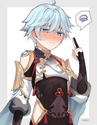 Rule 34 | 1boy, black bodysuit, black gloves, bodysuit, breast curtain, chongyun (genshin impact), clothing cutout, commentary request, cosplay, covered navel, crossdressing, embarrassed, genshin impact, gloves, highres, hip vent, leotard, male focus, midriff peek, naiko (pixiv13781356), navel, see-through, see-through leotard, shenhe (genshin impact), shenhe (genshin impact) (cosplay), short hair, solo, trap