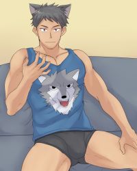 Rule 34 | 1boy, animal ears, bara, black hair, couch, highres, male focus, muscular, pectorals, pokkor0123, sitting, solo, tagme