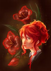 Rule 34 | 1girl, brown eyes, closed mouth, flower, from side, hello charlotte, highres, long hair, looking at viewer, neck ribbon, portrait, realistic, red hair, red ribbon, ribbon, scarlett eyler, solo, un.i (protorc), watermark, wing collar