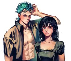 Rule 34 | 1boy, 1girl, abs, absurdres, aged down, black eyes, black hair, blue eyes, blue hair, blunt bangs, closed mouth, franky (one piece), goggles, goggles on head, highres, long hair, looking at viewer, nico robin, one piece, onigirimayora, open clothes, realistic, short hair, simple background, spiked hair, white background