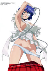 Rule 34 | 00s, 1girl, absurdres, apron, armpits, artist request, blue hair, breasts, chain, clothes pull, copyright name, cowboy shot, cuffs, eyepatch, frills, from below, gloves, green eyes, hand on own thigh, handcuffs, highres, ikkitousen, large breasts, legs apart, maid, maid apron, maid headdress, mole, mole under mouth, nearly naked apron, no bra, official art, one eye covered, panties, pulling own clothes, ryomou shimei, short hair, simple background, skindentation, skirt, solo, standing, thighs, underwear, white background, wide hips
