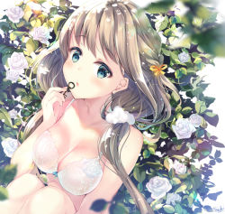 Rule 34 | 1girl, bad id, bad pixiv id, bare arms, bare shoulders, blue eyes, blurry, blurry foreground, blush, bow, bow bra, bra, braid, breasts, brown hair, cleavage, collarbone, commentary request, depth of field, dutch angle, flower, hair ribbon, hand up, holding, holding key, key, knees up, long hair, looking at viewer, low twintails, medium breasts, orange ribbon, original, parted lips, ribbon, rose, rose bush, solo, suihi, twintails, underwear, very long hair, white background, white bra, white flower, white rose
