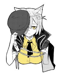 Rule 34 | 1girl, aiguillette, animal ears, arknights, black necktie, braid, breasts, cat ears, cat girl, collared jacket, collared shirt, covering one eye, cropped torso, delphine (arknights), greyscale, hair over one eye, halftone, hat, hatching (texture), holding, holding clothes, holding hat, jacket, large breasts, linear hatching, looking at viewer, medium hair, monochrome, necktie, one eye covered, open clothes, open jacket, peaked cap, shirt, sidelocks, simple background, solo, spot color, straight-on, tubuan (tubuan03), white background, yellow eyes, yellow shirt
