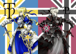 Rule 34 | 00s, 1girl, armor, armored dress, artoria pendragon (fate), dress, dual persona, fate/hollow ataraxia, fate/stay night, fate (series), goth fashion, hands on hilt, knight, pfaltz, pfalz, saber (fate), saber alter, sword, type-moon, weapon