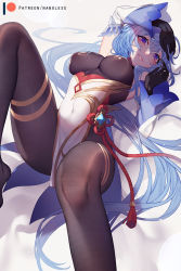 Rule 34 | 1girl, black bodysuit, black gloves, blue hair, blush, bodysuit, bodysuit under clothes, breasts, closed mouth, commentary, covered erect nipples, covered navel, detached sleeves, english commentary, ganyu (genshin impact), genshin impact, gloves, large breasts, long hair, looking at viewer, lying, nanoless, on back, patreon username, purple eyes, smile, solo, very long hair