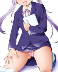 Rule 34 | 10s, 1girl, :d, commentary request, dr rex, head out of frame, kneeling, long hair, new game!, open mouth, panties, pantyshot, pink panties, polka dot, polka dot panties, purple hair, school uniform, smile, solo, suzukaze aoba, sweat, twintails, underwear