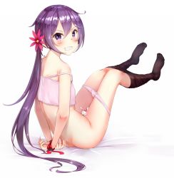Rule 34 | 10s, 1girl, akebono (kancolle), arms behind back, ass, bdsm, bed sheet, bell, blush, bondage, bound, bound arms, butt crack, camisole, clenched teeth, clothes pull, flat ass, flower, hair bell, hair flower, hair ornament, highres, jingle bell, kantai collection, legs up, long hair, looking at viewer, panties, panty pull, pantyhose, pantyhose pull, pink panties, purple eyes, purple hair, side ponytail, sitting, solo, somalisu, strap slip, teeth, underwear, underwear only, very long hair