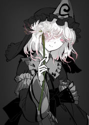 Rule 34 | 1girl, arm at side, black background, collar, eyelashes, flower, frilled collar, frills, greyscale, hat, head tilt, holding, holding flower, japanese clothes, kimono, long sleeves, looking at viewer, mob cap, monochrome, one eye covered, ribbon-trimmed collar, ribbon trim, saigyouji yuyuko, seeker, simple background, smile, solo, spider lily, spot color, touhou, triangular headpiece, upper body, veil, white flower, white spider lily, wide sleeves